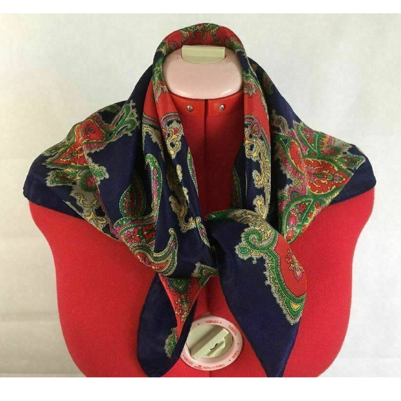 Colorful Paisley Kaleidoscope Designer Square Scarf Blue Red Silky Poly 29.5" - Picture 5 of 8
